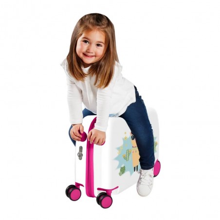 Valise trotteur Movom "Holà" blanc/rose | Bagage enfant fille ludique à chevaucher lama rigolo