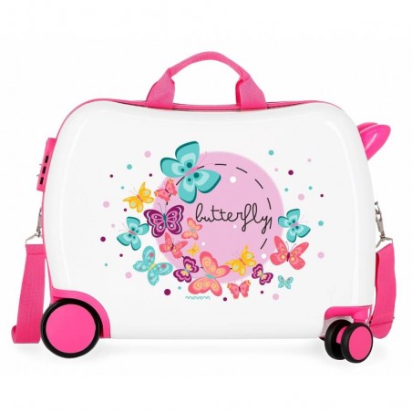 Valise trotteur Movom "Butterfly" blanc/rose | Bagage enfant fille ludique à chevaucher papillons