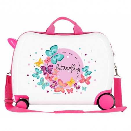 Valise trotteur Movom "Butterfly" blanc/rose | Bagage enfant fille ludique à chevaucher papillons