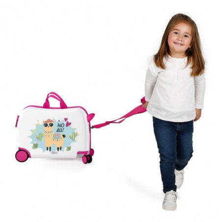 Valise trotteur Movom "Holà" blanc/rose | Bagage enfant fille ludique à chevaucher lama rigolo