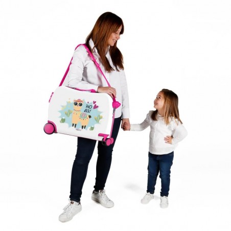 Valise trotteur Movom "Holà" blanc/rose | Bagage enfant fille ludique à chevaucher lama rigolo