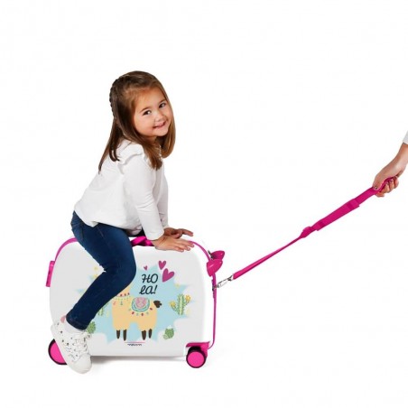 Valise trotteur Movom "Holà" blanc/rose | Bagage enfant fille ludique à chevaucher lama rigolo