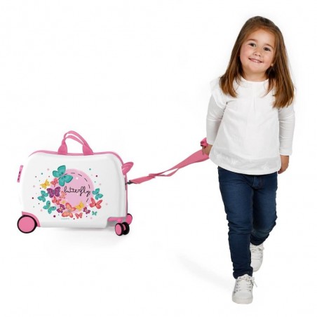 Valise trotteur Movom "Butterfly" blanc/rose | Bagage enfant fille ludique à chevaucher papillons