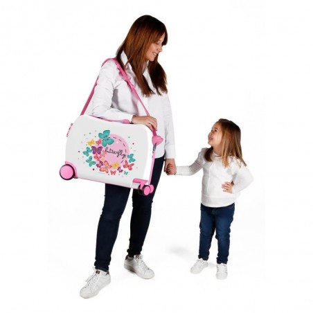 Valise trotteur Movom "Butterfly" blanc/rose | Bagage enfant fille ludique à chevaucher papillons