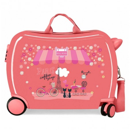 Valise trotteur ROLL ROAD "Coffee Shop" rose corail | Bagage enfant fille ludique à chevaucher décor parisien