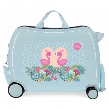 Valise trotteur ROLL ROAD "Pelican Love" bleu ciel | Bagage enfant fille ludique à chevaucher flamant rose