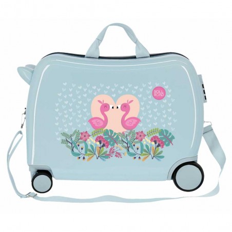 Valise trotteur ROLL ROAD "Pelican Love" bleu ciel | Bagage enfant fille ludique à chevaucher flamant rose