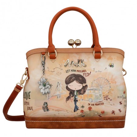 Sac à main anses courtes ANEKKE "Peace & Love" camel | Sac femme original pas cher