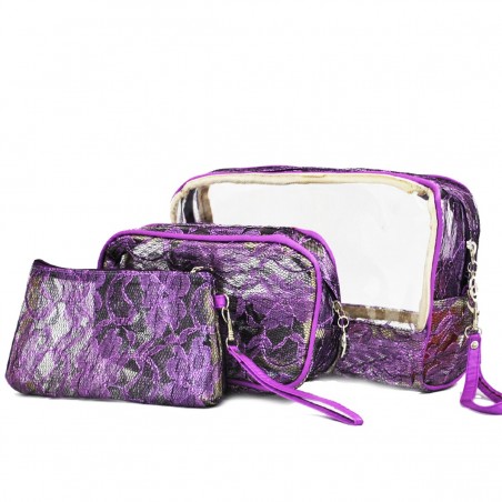 Set de 3 trousses beauté BENZI "Lace" violet | Trousse maquillage trousse de toilette femme originale chic pas cher