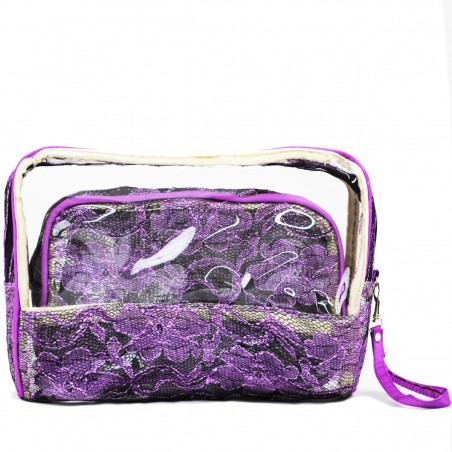 Set de 3 trousses beauté BENZI "Lace" violet | Trousse maquillage trousse de toilette femme originale chic pas cher