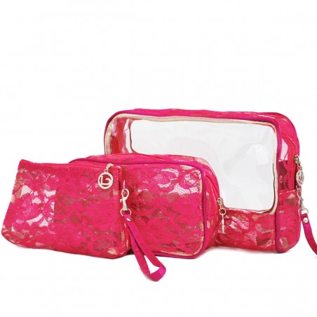 Set de 3 trousses beauté BENZI "Lace" rose | Trousse maquillage trousse de toilette femme originale chic pas cher