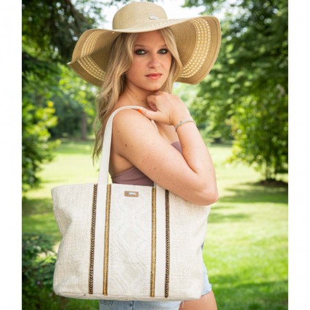 Sac de plage LES TROPEZIENNES "Habomai" beige | Cabas femme brodé style bohème chic