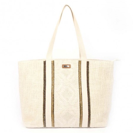 Sac de plage LES TROPEZIENNES "Habomai" beige | Cabas femme brodé style bohème chic