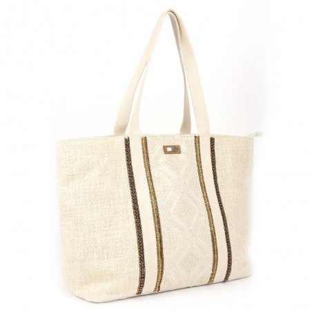 Sac de plage LES TROPEZIENNES "Habomai" beige | Cabas femme brodé style bohème chic