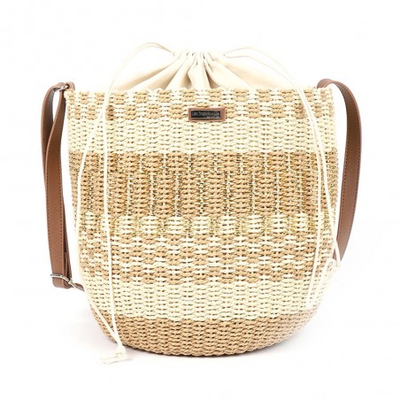 Panier rond LES TROPEZIENNES "Buglas" naturel | Sac femme forme seau été panier de plage pas cher