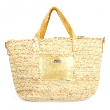 Sac porté main LES TROPEZIENNES "Gobi" gold | Sac femme panier de plage cuir doré pas cher