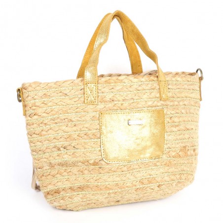 Sac porté main LES TROPEZIENNES "Gobi" gold | Sac femme panier de plage cuir doré pas cher