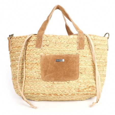 Sac porté main LES TROPEZIENNES "Gobi" camel | Sac femme panier de plage cuir  pas cher