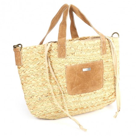 Sac porté main LES TROPEZIENNES "Gobi" camel | Sac femme panier de plage cuir  pas cher