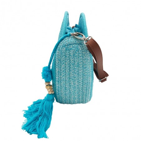 Panier rond LES TROPEZIENNES "Danatil" turquoise | Sac de plage été femme style bohème chic pas cher Panier rond LES TROPEZIENNES "Danatil" turquoise | Sac de plage été femme style bohème chic pas cher