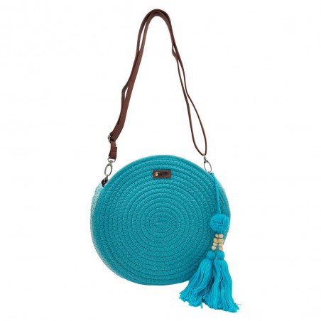 Panier rond LES TROPEZIENNES "Danatil" turquoise | Sac de plage été femme style bohème chic pas cher Panier rond LES TROPEZIENNES "Danatil" turquoise | Sac de plage été femme style bohème chic pas cher