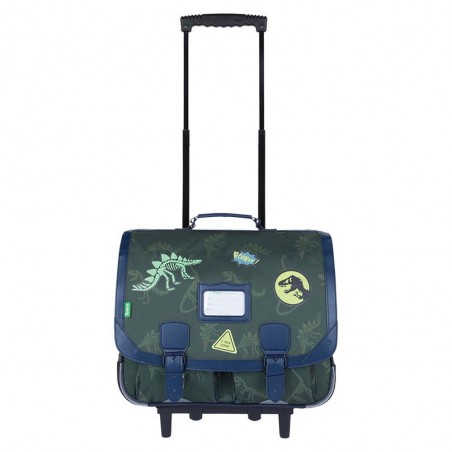 Cartable à roulettes Tann's 41cm "Timothée" kaki décor dinosaures | Sac scolaire trolley garçon pas cher
