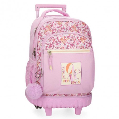 Pepe Jeans | Sac à dos à roulettes fille "Sandra" | Sac scolaire trolley solide imprimé style Liberty