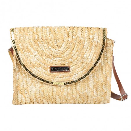 Les Tropéziennes | Pochette tressée "Milos" beige naturel | Sac bandoulière femme été style bohème chic