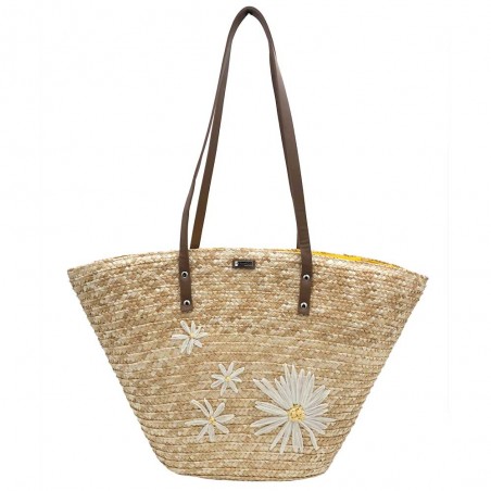 Les Tropéziennes par M.Belarbi | Panier de plage "Koa" beige naturel | Sac porté épaule façon panier brodé fleurs