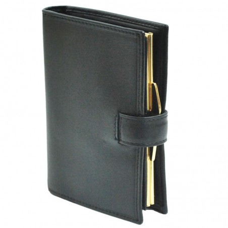 Portefeuille femme à fermoir en cuir de vachette lisse - Noir Portefeuille femme à fermoir en cuir de vachette lisse - Noir