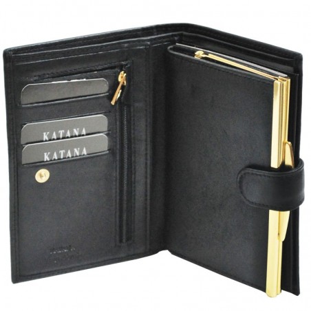 Portefeuille femme à fermoir en cuir de vachette lisse - Noir Portefeuille femme à fermoir en cuir de vachette lisse - Noir
