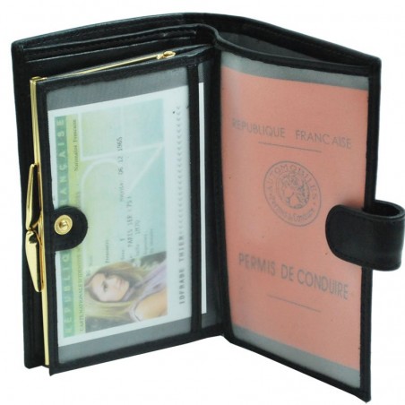 Portefeuille femme à fermoir en cuir de vachette lisse - Noir Portefeuille femme à fermoir en cuir de vachette lisse - Noir