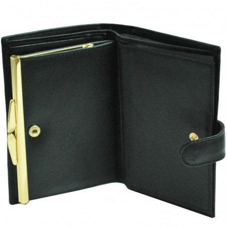 Portefeuille femme à fermoir en cuir de vachette lisse - Noir Portefeuille femme à fermoir en cuir de vachette lisse - Noir