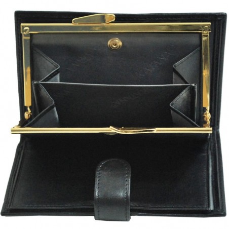 Portefeuille femme à fermoir en cuir de vachette lisse - Noir Portefeuille femme à fermoir en cuir de vachette lisse - Noir