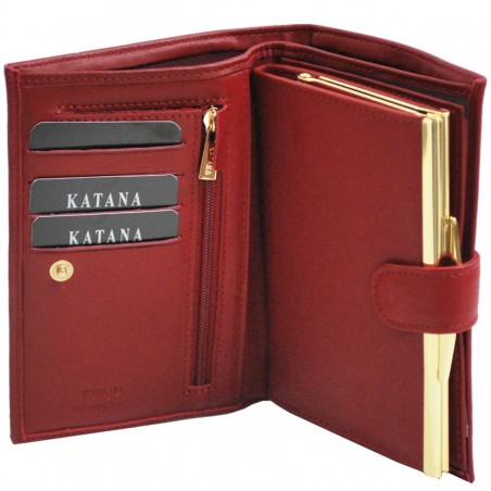 Portefeuille femme à fermoir en cuir de vachette lisse - Rouge Portefeuille femme à fermoir en cuir de vachette lisse - Rouge