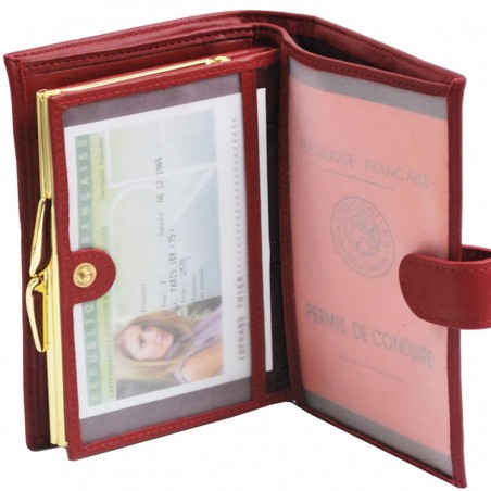 Portefeuille femme à fermoir en cuir de vachette lisse - Rouge Portefeuille femme à fermoir en cuir de vachette lisse - Rouge